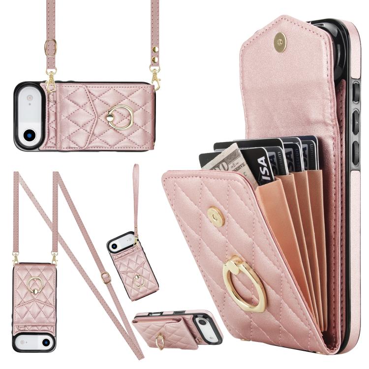 Rhombic Texture Card Bag Phone Case with Long Lanyard, For iPhone 17, For iPhone Air, For iPhone 15 Pro Max