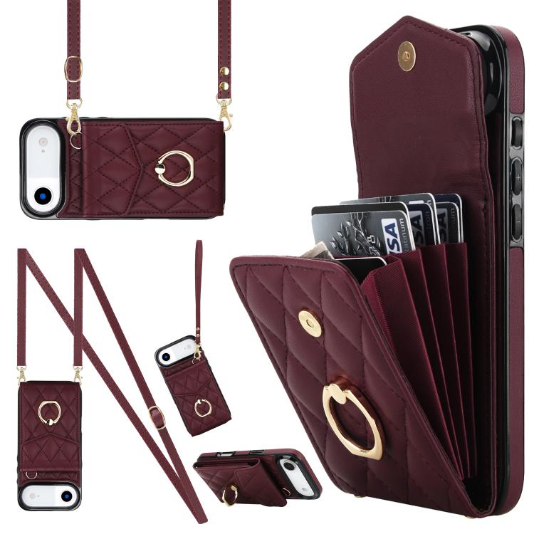 Rhombic Texture Card Bag Phone Case with Long Lanyard, For iPhone 17, For iPhone Air, For iPhone 15 Pro Max