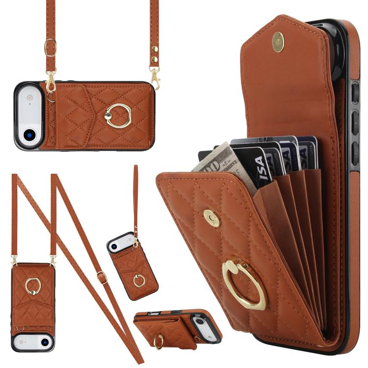 Rhombic Texture Card Bag Phone Case with Long Lanyard, For iPhone 17, For iPhone Air, For iPhone 15 Pro Max