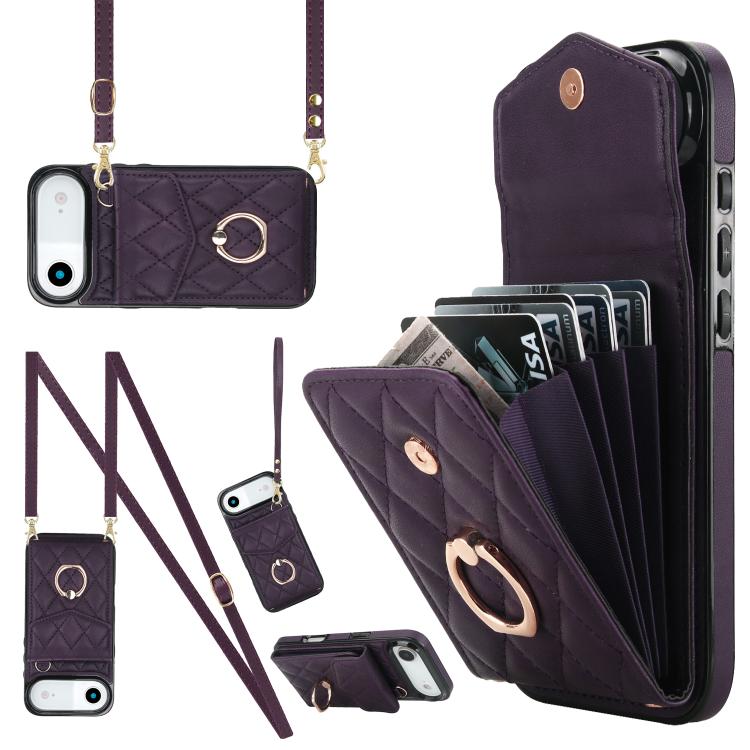 Rhombic Texture Card Bag Phone Case with Long Lanyard, For iPhone 17, For iPhone Air, For iPhone 15 Pro Max