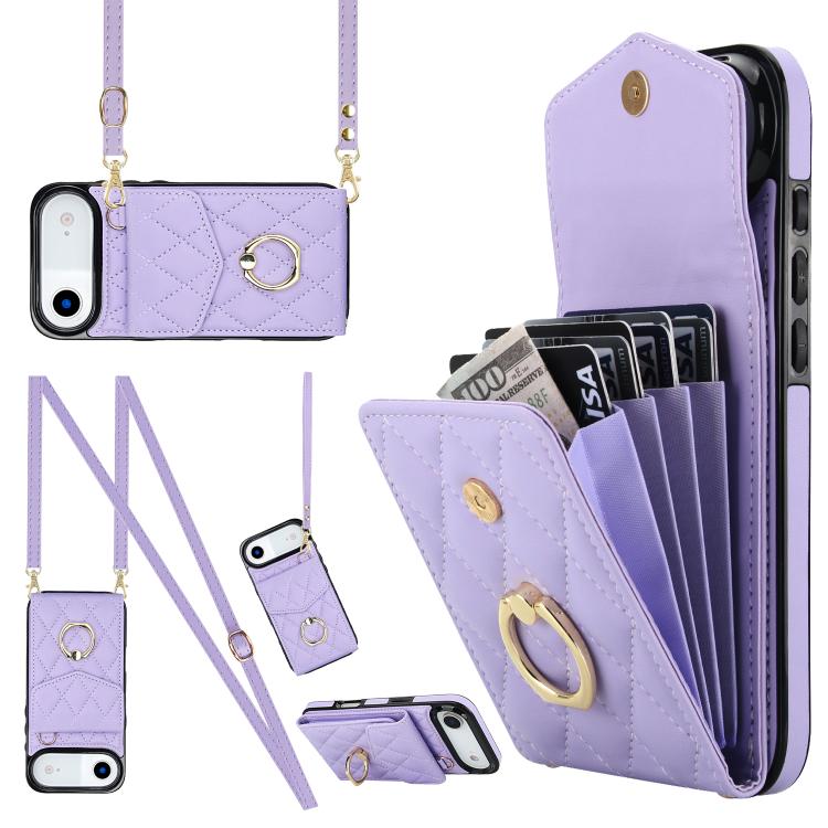 Rhombic Texture Card Bag Phone Case with Long Lanyard, For iPhone 17, For iPhone Air, For iPhone 15 Pro Max