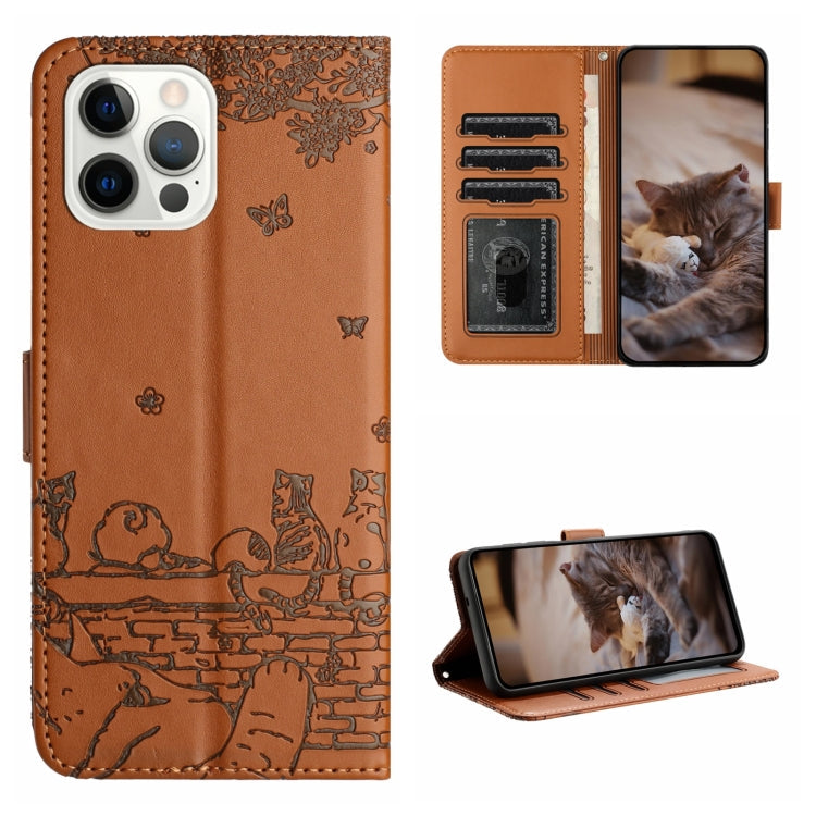 Cat Embossing Pattern Leather Phone Case with Lanyard, For iPhone 16, For iPhone 15 Pro Max, For iPhone 15 Pro, For iPhone 15 Plus