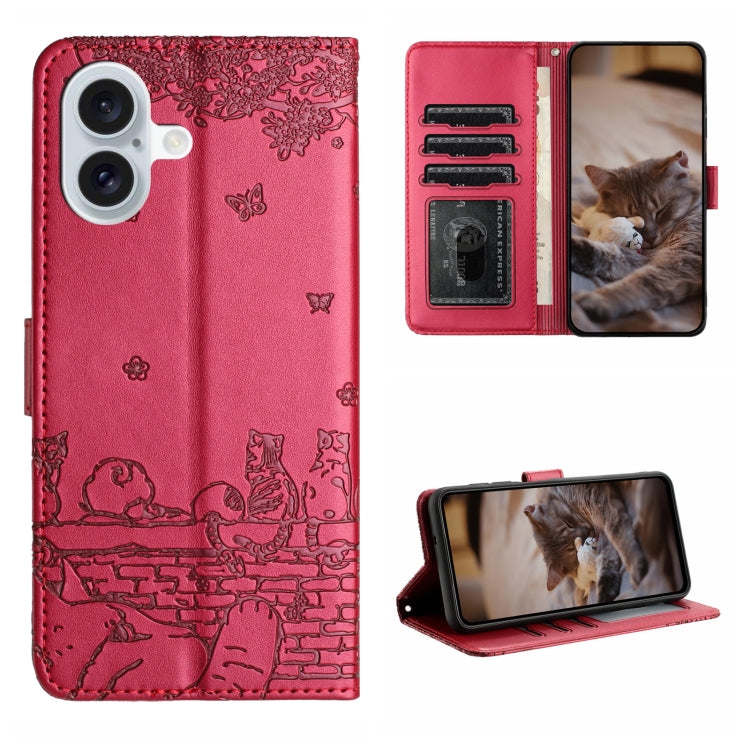 Cat Embossing Pattern Leather Phone Case with Lanyard, For iPhone Air, For iPhone 16 Pro Max, For iPhone 16 Pro, For iPhone 16 Plus