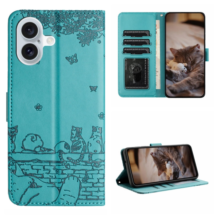 Cat Embossing Pattern Leather Phone Case with Lanyard, For iPhone Air, For iPhone 16 Pro Max, For iPhone 16 Pro, For iPhone 16 Plus