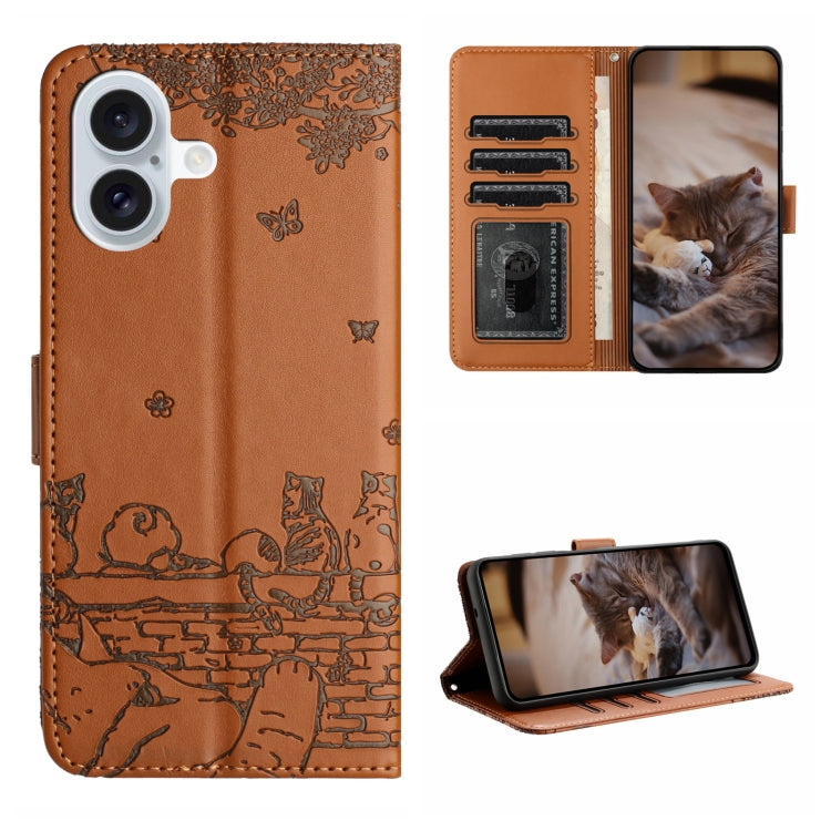 Cat Embossing Pattern Leather Phone Case with Lanyard, For iPhone Air, For iPhone 16 Pro Max, For iPhone 16 Pro, For iPhone 16 Plus