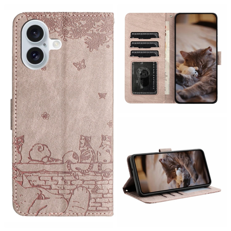 Cat Embossing Pattern Leather Phone Case with Lanyard, For iPhone Air, For iPhone 16 Pro Max, For iPhone 16 Pro, For iPhone 16 Plus
