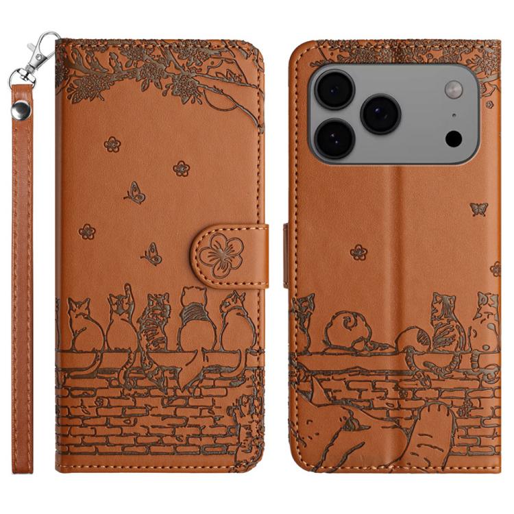 Cat Embossing Pattern Leather Phone Case with Lanyard, For iPhone 16e / 17e, For iPhone 17 Pro Max, For iPhone 17 Pro, For iPhone 17