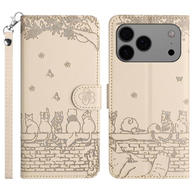 Cat Embossing Pattern Leather Phone Case with Lanyard, For iPhone 16e / 17e, For iPhone 17 Pro Max, For iPhone 17 Pro, For iPhone 17