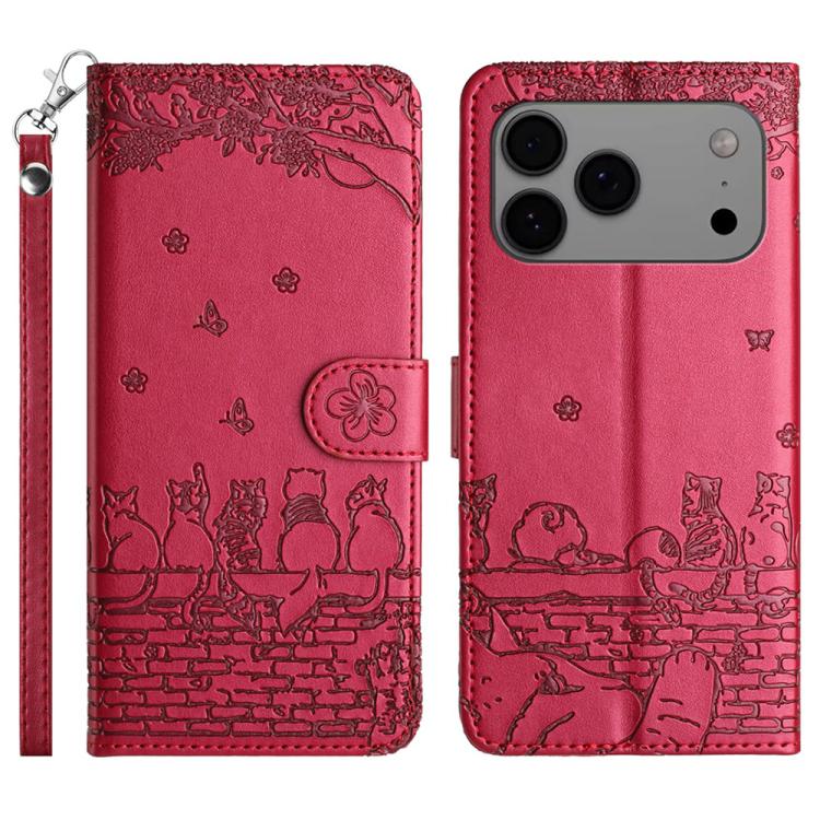 Cat Embossing Pattern Leather Phone Case with Lanyard, For iPhone 16e / 17e, For iPhone 17 Pro Max, For iPhone 17 Pro, For iPhone 17