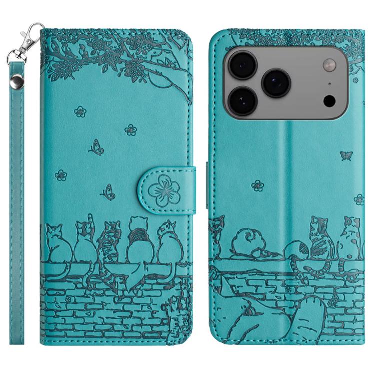 Cat Embossing Pattern Leather Phone Case with Lanyard, For iPhone 16e / 17e, For iPhone 17 Pro Max, For iPhone 17 Pro, For iPhone 17