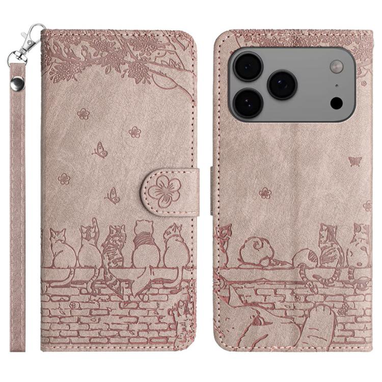 Cat Embossing Pattern Leather Phone Case with Lanyard, For iPhone 16e / 17e, For iPhone 17 Pro Max, For iPhone 17 Pro, For iPhone 17