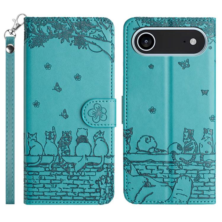 Cat Embossing Pattern Leather Phone Case with Lanyard, For iPhone Air, For iPhone 16 Pro Max, For iPhone 16 Pro, For iPhone 16 Plus