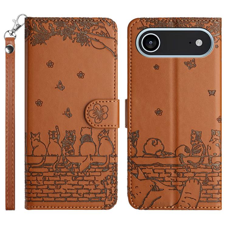Cat Embossing Pattern Leather Phone Case with Lanyard, For iPhone Air, For iPhone 16 Pro Max, For iPhone 16 Pro, For iPhone 16 Plus