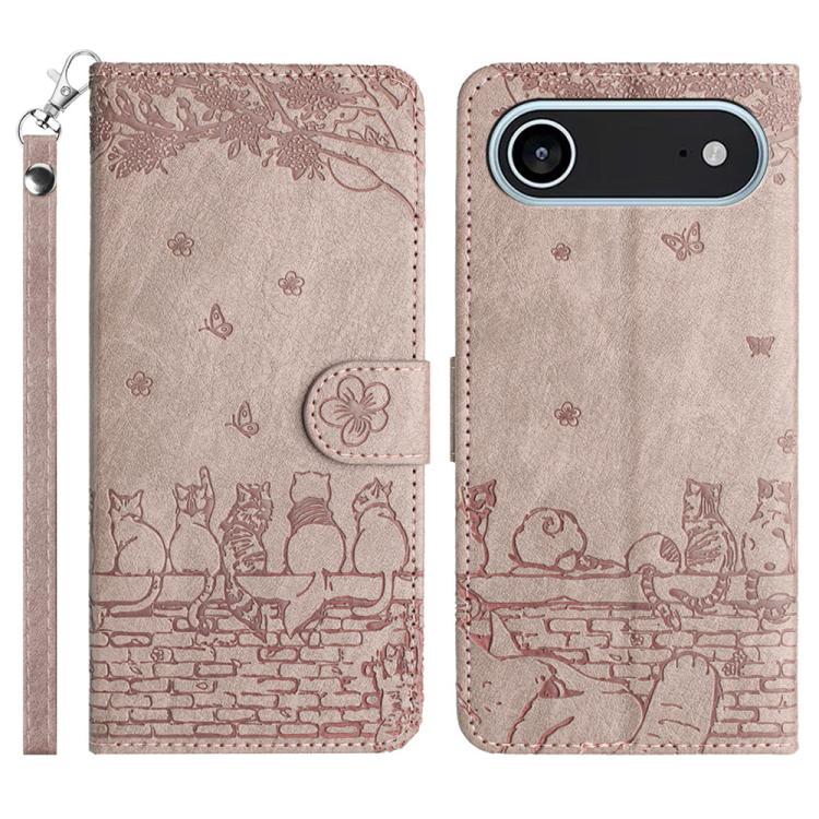 Cat Embossing Pattern Leather Phone Case with Lanyard, For iPhone Air, For iPhone 16 Pro Max, For iPhone 16 Pro, For iPhone 16 Plus