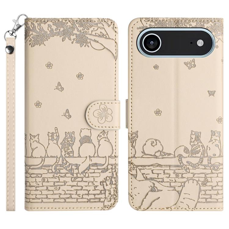 Cat Embossing Pattern Leather Phone Case with Lanyard, For iPhone Air, For iPhone 16 Pro Max, For iPhone 16 Pro, For iPhone 16 Plus