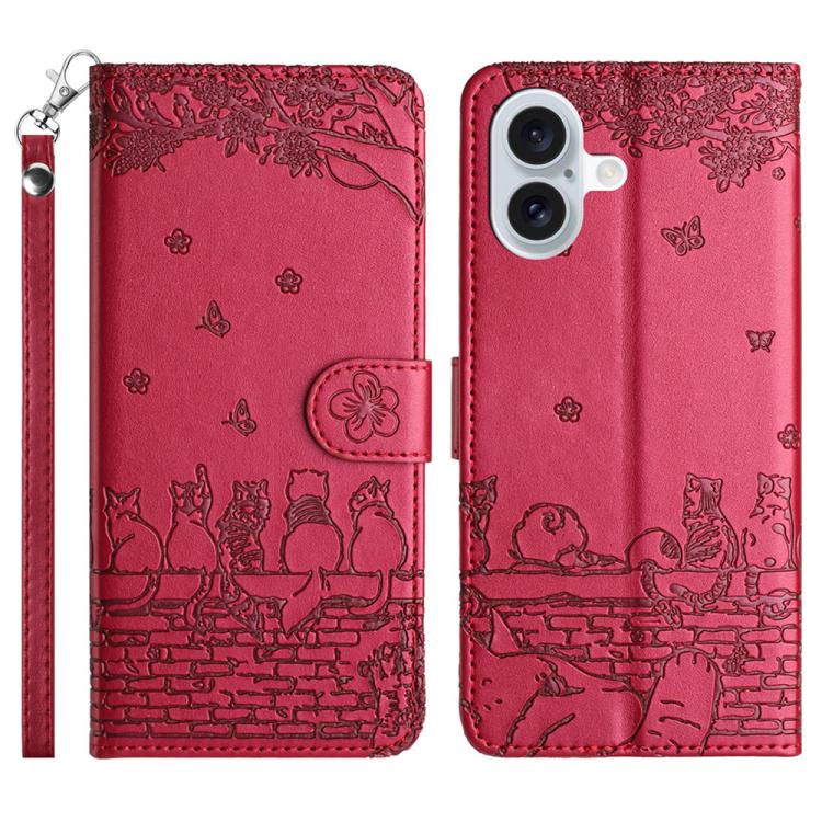 Cat Embossing Pattern Leather Phone Case with Lanyard, For iPhone 16e / 17e, For iPhone 17 Pro Max, For iPhone 17 Pro, For iPhone 17