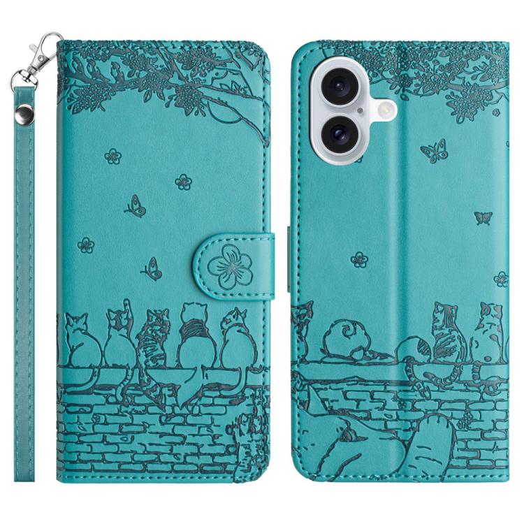 Cat Embossing Pattern Leather Phone Case with Lanyard, For iPhone 16e / 17e, For iPhone 17 Pro Max, For iPhone 17 Pro, For iPhone 17