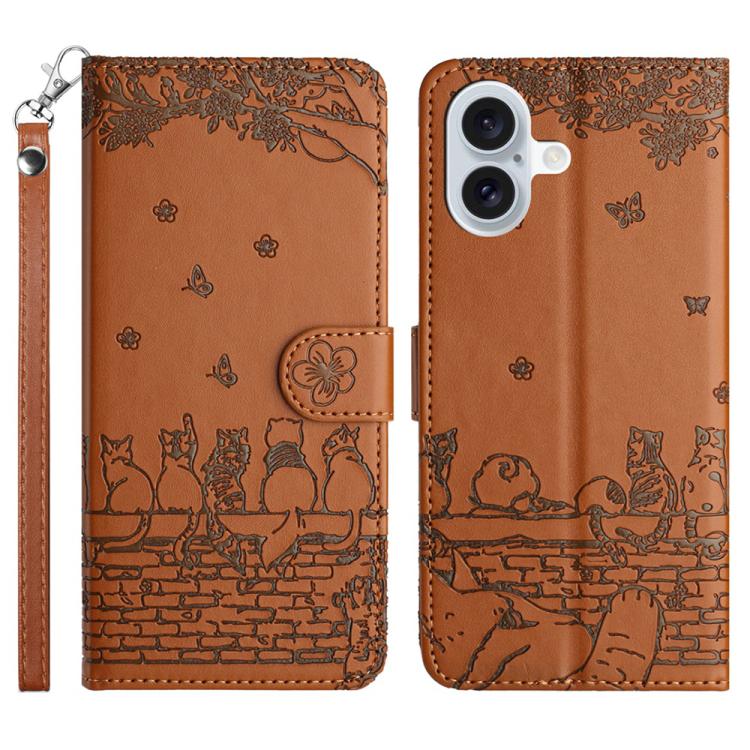 Cat Embossing Pattern Leather Phone Case with Lanyard, For iPhone 16e / 17e, For iPhone 17 Pro Max, For iPhone 17 Pro, For iPhone 17