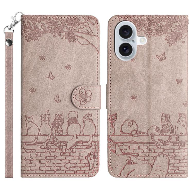 Cat Embossing Pattern Leather Phone Case with Lanyard, For iPhone 16e / 17e, For iPhone 17 Pro Max, For iPhone 17 Pro, For iPhone 17