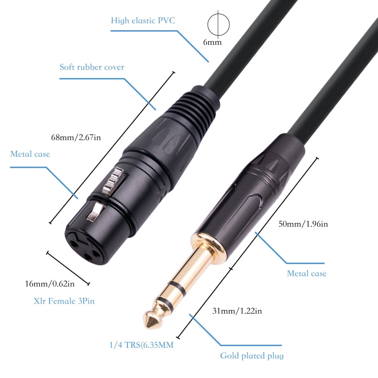 6.35mm 1/4 TRS Male to XLR 3pin Female Microphone Cable, 1m, 1.8m, 3m, 5m, 10m