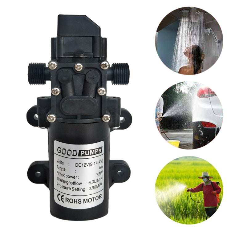 12V 70W Self-priming Pump High Pressure Car Washing Intelligent Diaphragm Right Out Water Pump, Double Thread (Double Flat Mouth 18mm)