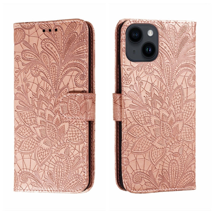 Lace Flower Embossing Flip Leather Phone Case, For iPhone 15