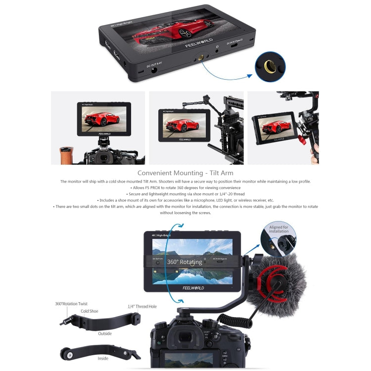 FEELWORLD F5 ProX 5.5 inch 1600nit High Bright Touch Screen DSLR Camera Field Monitor 4K HDMI F970 Install and Power Kit, F5 ProX