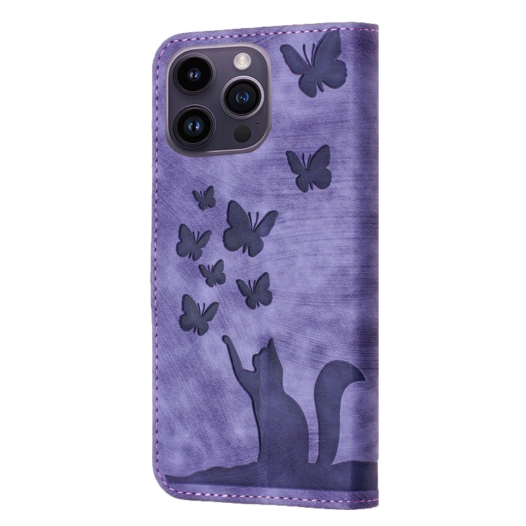 Butterfly Cat Embossing Flip Leather Phone Case, For iPhone 15 Pro Max, For iPhone 15 Pro, For iPhone 15 Plus, For iPhone 15