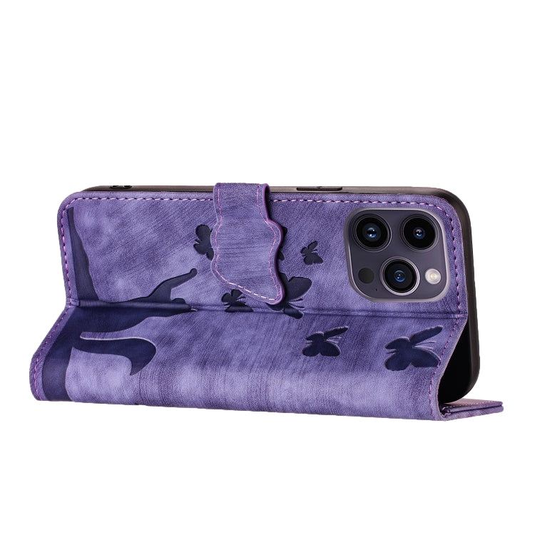 Butterfly Cat Embossing Flip Leather Phone Case, For iPhone 15 Pro Max, For iPhone 15 Pro, For iPhone 15 Plus, For iPhone 15