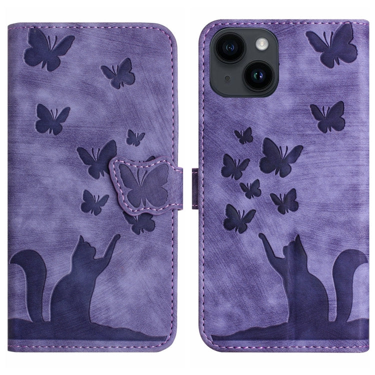 Butterfly Cat Embossing Flip Leather Phone Case, For iPhone 15 Pro Max, For iPhone 15 Pro, For iPhone 15 Plus, For iPhone 15