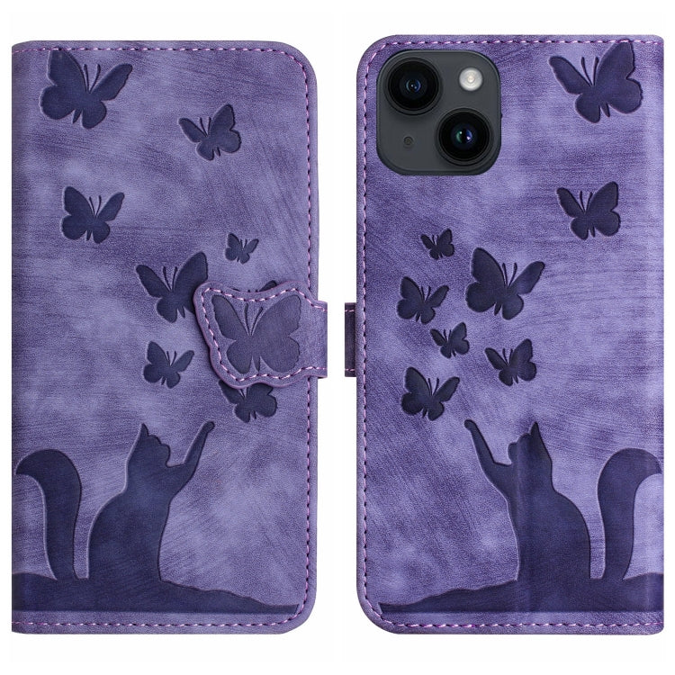 Butterfly Cat Embossing Flip Leather Phone Case, For iPhone 14 Plus, For iPhone 14, For iPhone 14 Pro, For iPhone 14 Pro Max