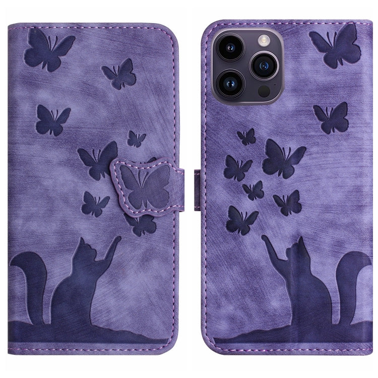 Butterfly Cat Embossing Flip Leather Phone Case, For iPhone 14 Plus, For iPhone 14, For iPhone 14 Pro, For iPhone 14 Pro Max
