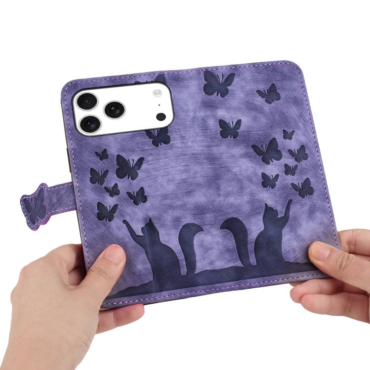 Butterfly Cat Embossing Flip Leather Phone Case, For iPhone 17 Pro Max, For iPhone 17 Pro, For iPhone 17, For iPhone Air