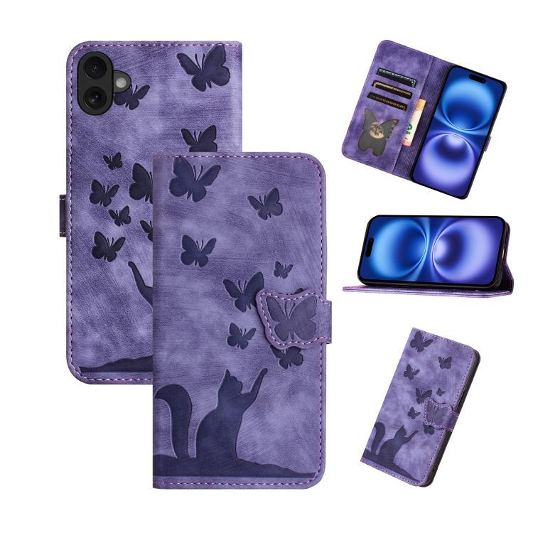 Butterfly Cat Embossing Flip Leather Phone Case, For iPhone 17 Pro Max, For iPhone 17 Pro, For iPhone 17, For iPhone Air