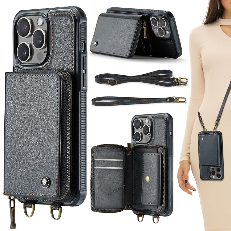 JEEHOOD C22 Series Zipper Wallet Leather Phone Case with Dual Lanyard, For iPhone 16 Pro, For iPhone 16 Plus, For iPhone 16, For iPhone 15 Pro Max