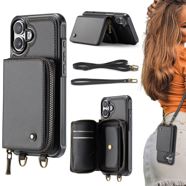JEEHOOD C22 Series Zipper Wallet Leather Phone Case with Dual Lanyard, For iPhone 16 Pro, For iPhone 16 Plus, For iPhone 16, For iPhone 15 Pro Max