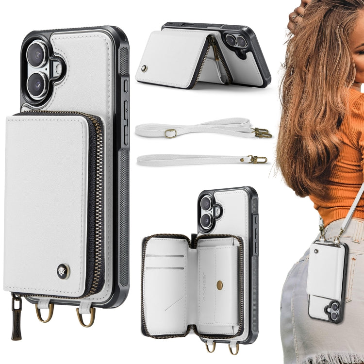 JEEHOOD C22 Series Zipper Wallet Leather Phone Case with Dual Lanyard, For iPhone 16 Pro, For iPhone 16 Plus, For iPhone 16, For iPhone 15 Pro Max