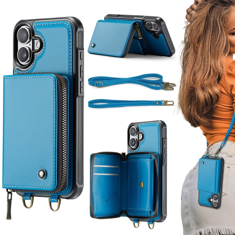 JEEHOOD C22 Series Zipper Wallet Leather Phone Case with Dual Lanyard, For iPhone 16 Pro, For iPhone 16 Plus, For iPhone 16, For iPhone 15 Pro Max