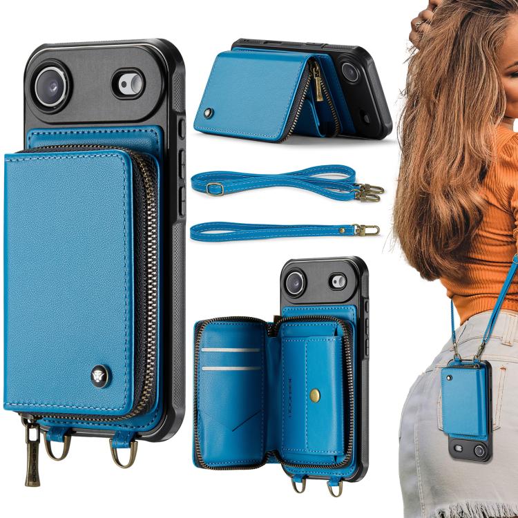 JEEHOOD C22 Series Zipper Wallet Leather Phone Case with Dual Lanyard, For iPhone 17 Pro Max, For iPhone 17 Pro, For iPhone Air, For iPhone 16 Pro Max