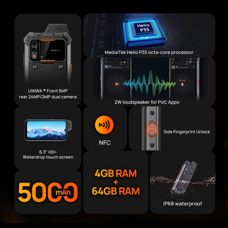 UNIWA W888 HD+ Rugged Phone, 6.3 inch Android 11 Mediatek MT6765 Helio P35 Octa Core up to 2.3GHz, NFC, OTG, Network: 4G, W888 HD+, 4GB+64GB