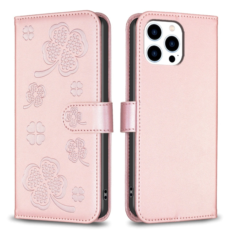 Four-leaf Embossed Leather Phone Case, For iPhone 15 Pro Max, For iPhone 15 Pro, For iPhone 15 Plus, For iPhone 15