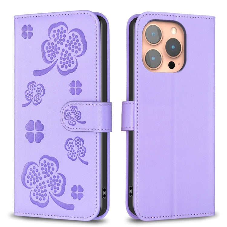 Four-leaf Embossed Leather Phone Case, For iPhone 15 Pro Max, For iPhone 15 Pro, For iPhone 15 Plus, For iPhone 15