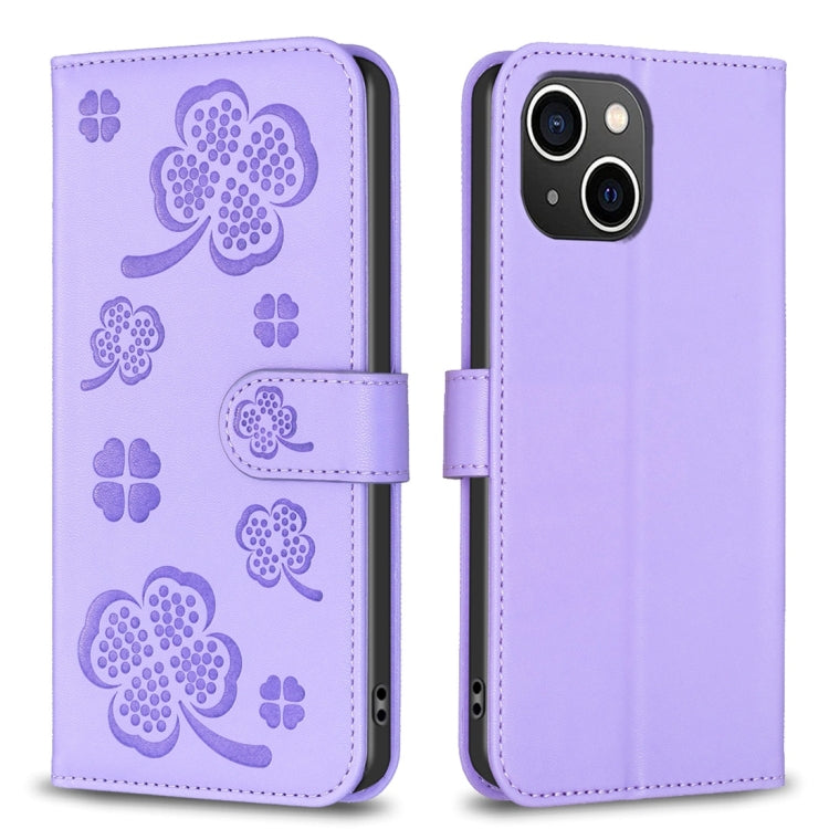 Four-leaf Embossed Leather Phone Case, For iPhone 15 Pro Max, For iPhone 15 Pro, For iPhone 15 Plus, For iPhone 15