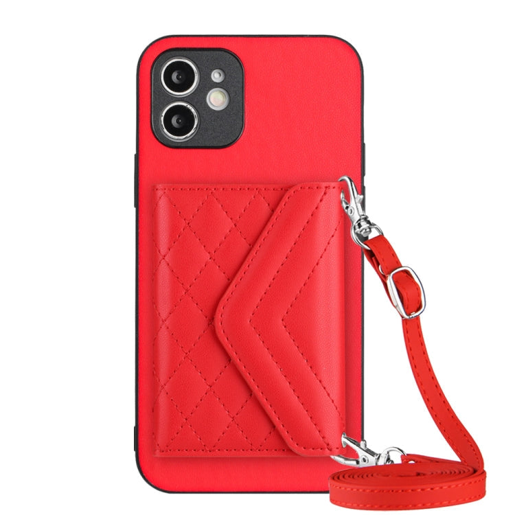 Rhombic Texture Card Bag RFID Phone Case with Long Lanyard, For iPhone 13 mini, For iPhone 12, For iPhone 12 Pro Max, For iPhone 12 Pro