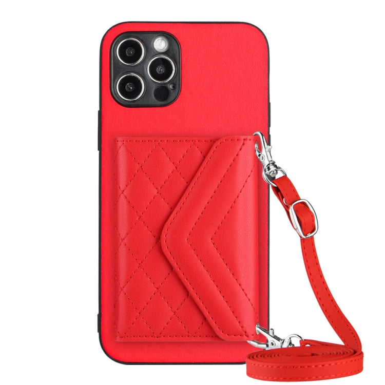 Rhombic Texture Card Bag RFID Phone Case with Long Lanyard, For iPhone 13 mini, For iPhone 12, For iPhone 12 Pro Max, For iPhone 12 Pro