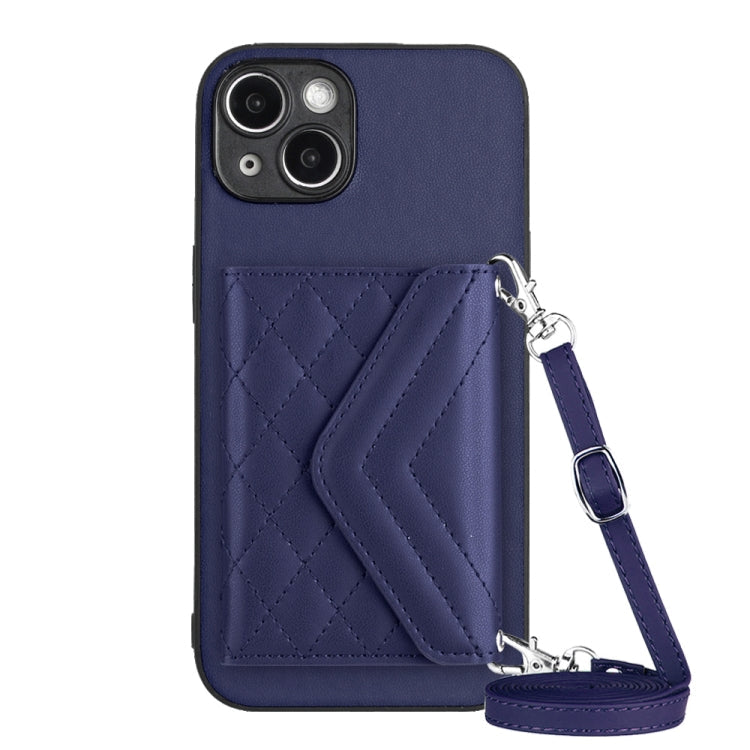Rhombic Texture Card Bag RFID Phone Case with Long Lanyard, For iPhone 14 Plus, For iPhone 14, For iPhone 14 Pro, For iPhone 14 Pro Max