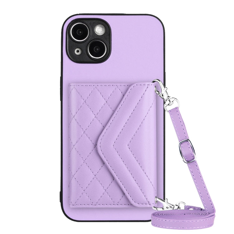 Rhombic Texture Card Bag RFID Phone Case with Long Lanyard, For iPhone 14 Plus, For iPhone 14, For iPhone 14 Pro, For iPhone 14 Pro Max