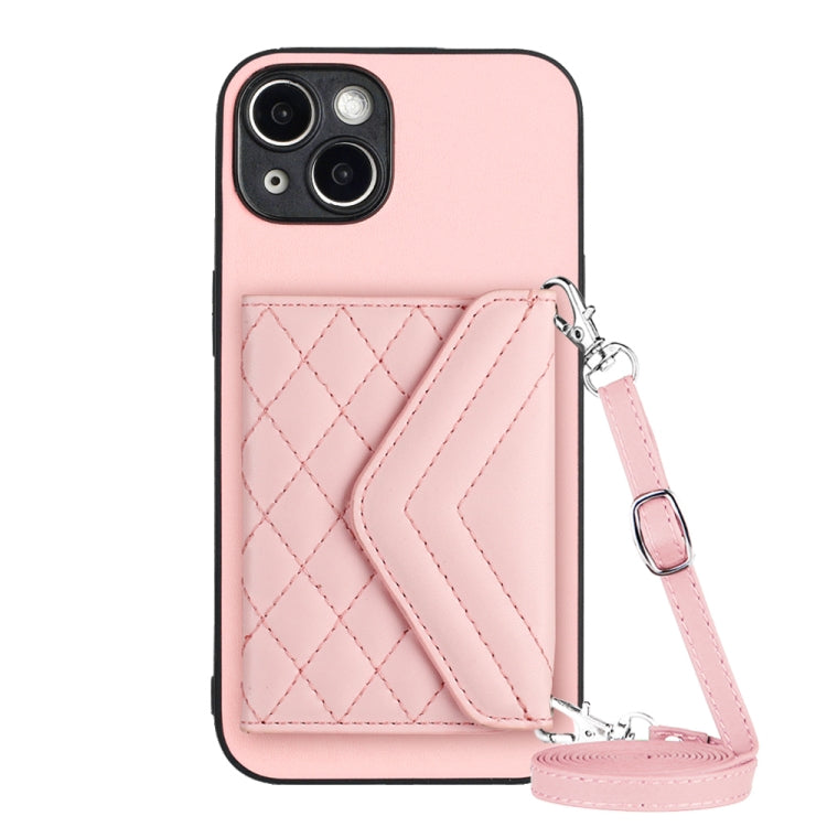 Rhombic Texture Card Bag RFID Phone Case with Long Lanyard, For iPhone 14 Plus, For iPhone 14, For iPhone 14 Pro, For iPhone 14 Pro Max