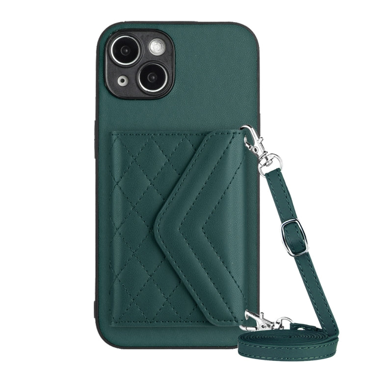 Rhombic Texture Card Bag RFID Phone Case with Long Lanyard, For iPhone 14 Plus, For iPhone 14, For iPhone 14 Pro, For iPhone 14 Pro Max