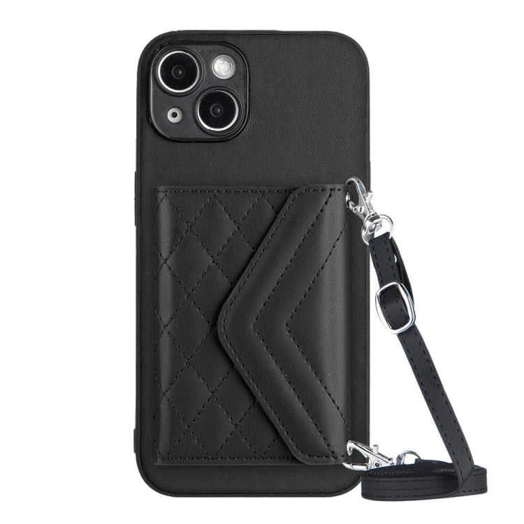 Rhombic Texture Card Bag RFID Phone Case with Long Lanyard, For iPhone 14 Plus, For iPhone 14, For iPhone 14 Pro, For iPhone 14 Pro Max